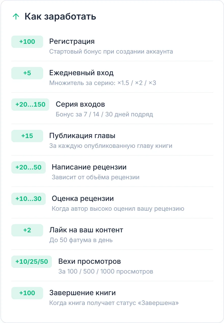 Страница «Фатум»: блок «Как заработать» со списком начислений
