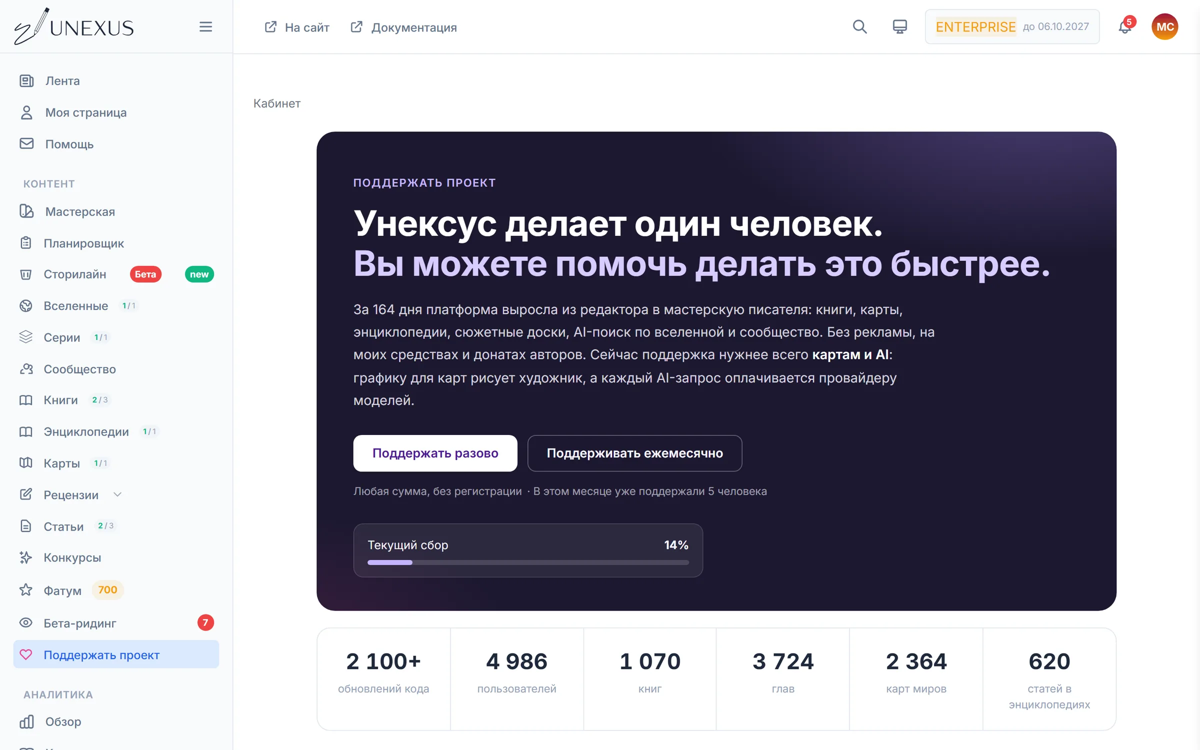 Страница «Поддержать проект»: цифры, текущая цель и способы поддержки