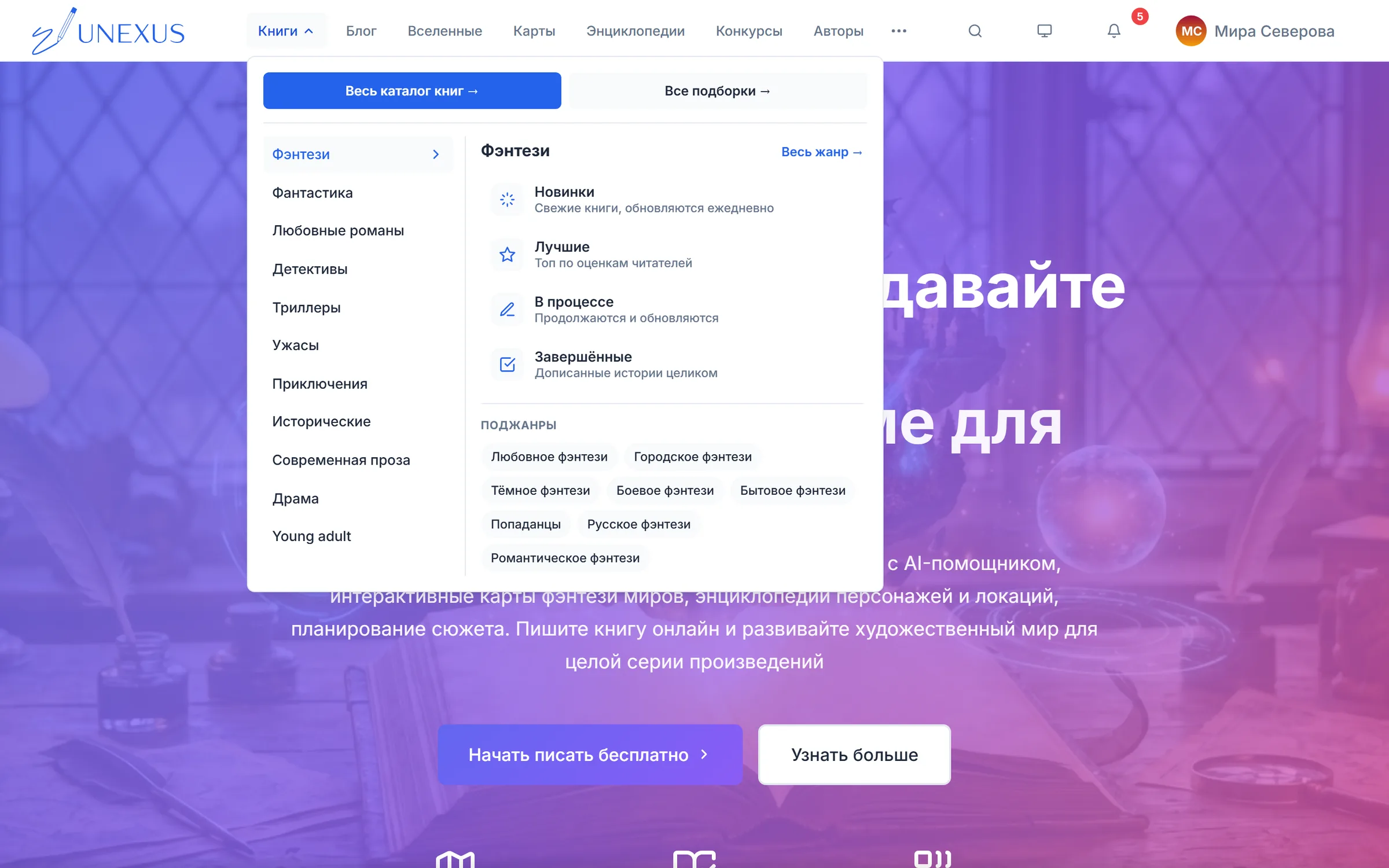 Шапка сайта: меню «Книги», разделы, поиск, тема и меню пользователя