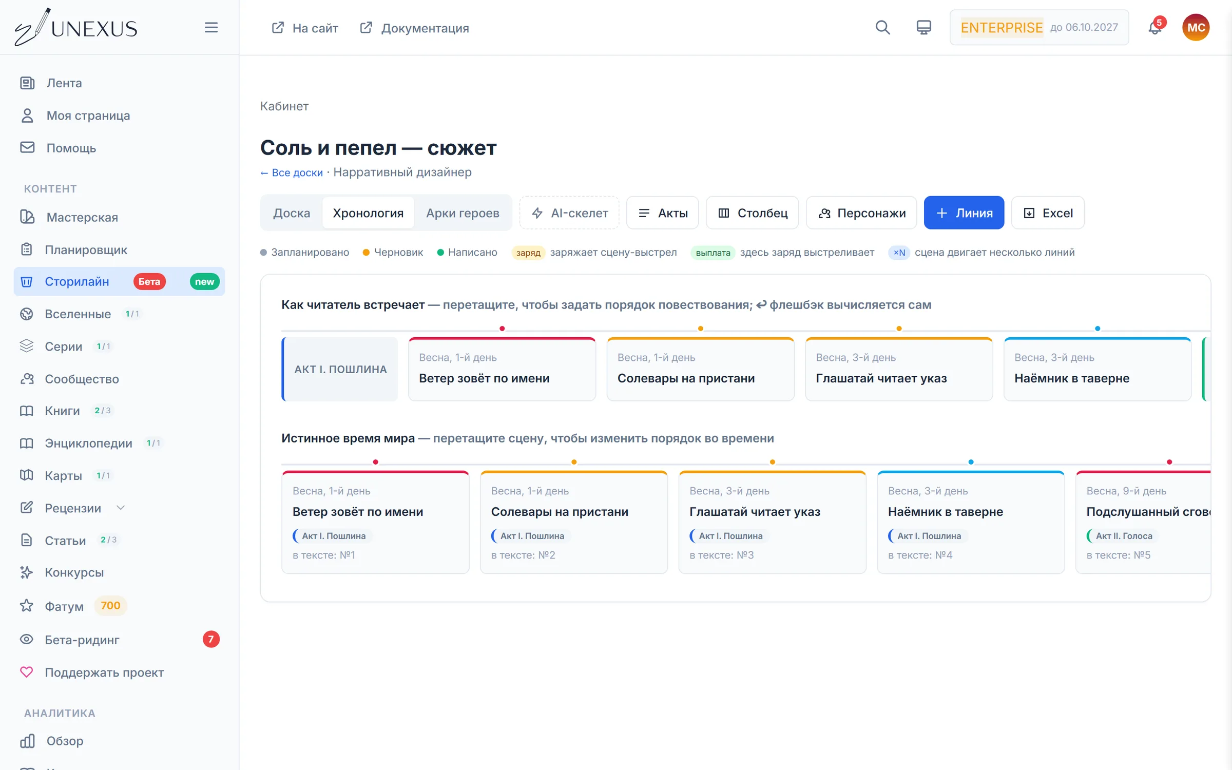 Вкладка «Хронология»: сцены в порядке времени мира с отметками флешбэков